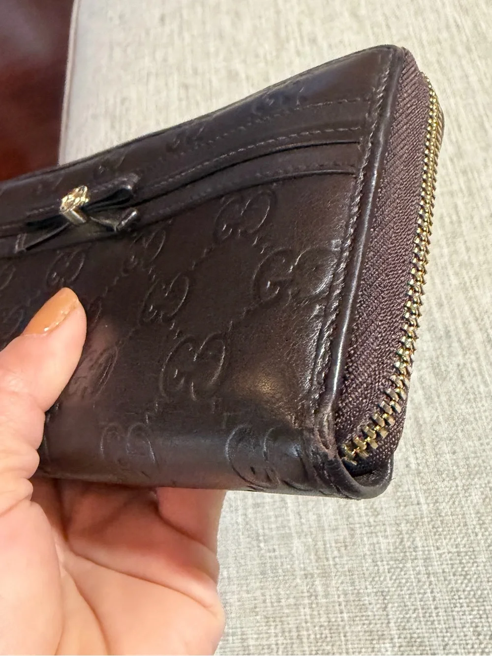 Gucci Dark Brown Embossed GG Leather Continental Wallet with Gold Button